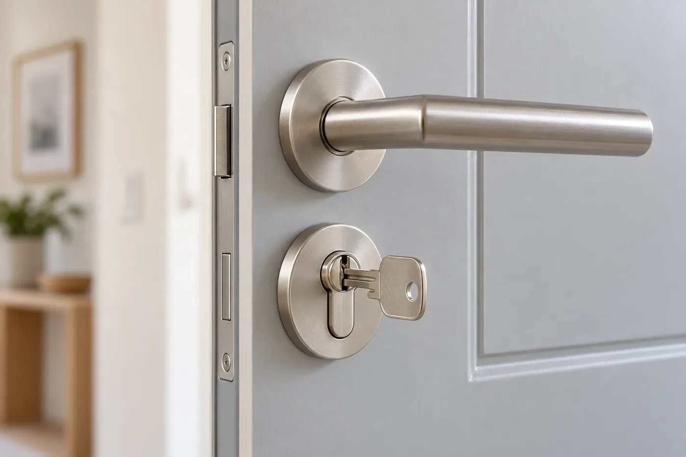 Cylindre neuf avec sa clé sur une porte d'entrée d'appartement